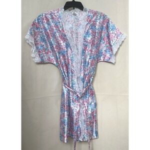 Private Moments Feminine Floral Lace Trim Kimono Robe Nightie Tie Belt M USA Vtg